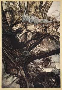 Never harm, Nor spell nor charm, Come our lovely lady nigh, ilustrace ze Snu noci svatojánské Williama Shakespeara, 1908. od Arthur Rackham